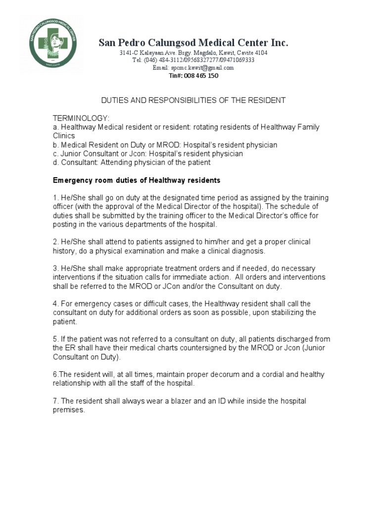 Duties And Responsibilities Fd Residents At Spcmc Patient Residency Medicine