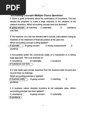 Accounting Concepts Multiple Choice Questions Going Concern Balance Sheet