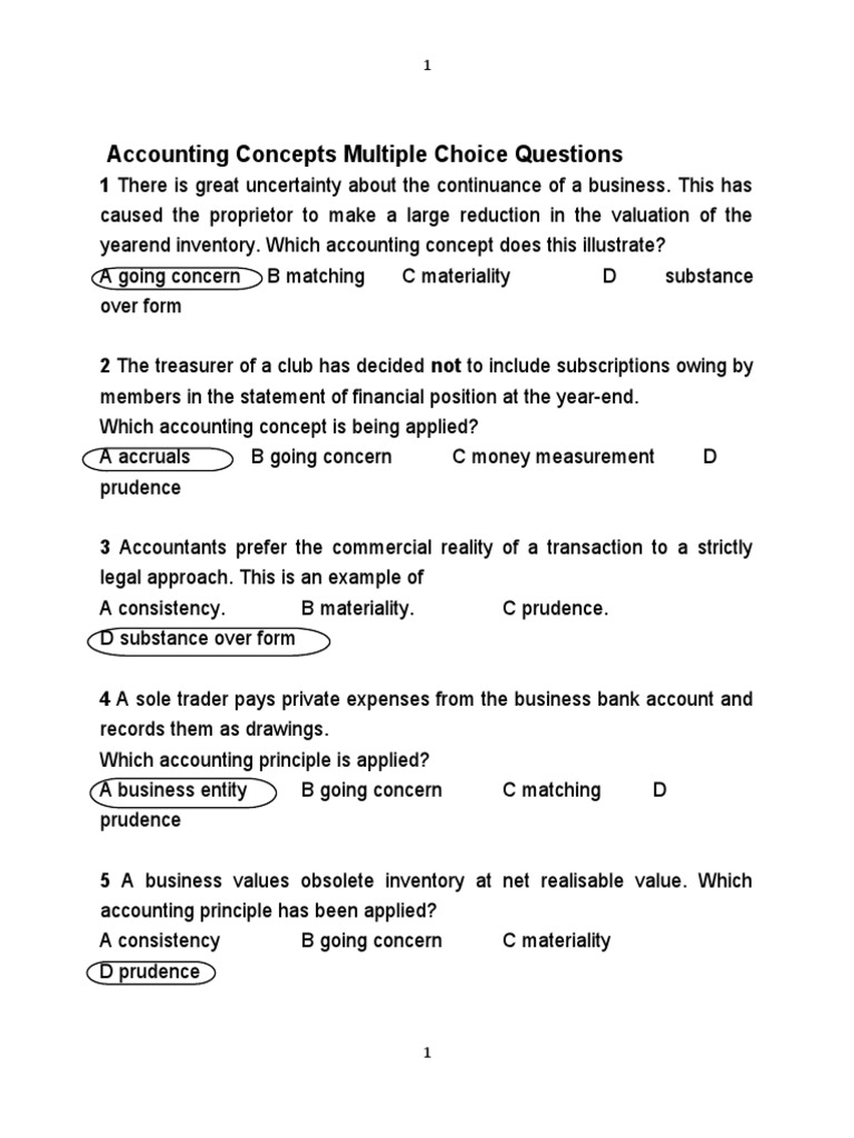 Accounting Concepts Multiple Choice Questions Going Concern Balance Sheet