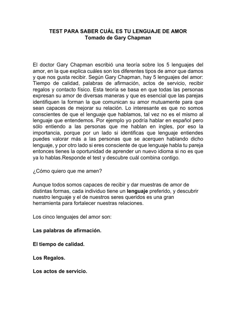 Test 5 Lenguajes Del Amor | PDF | Amor | Teoría