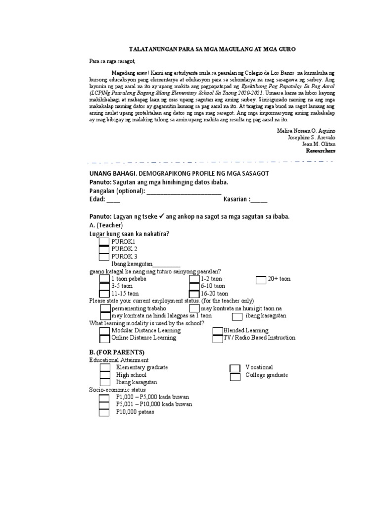 SURVEY QUESTIONNAIRE Tagalog Pure PDF