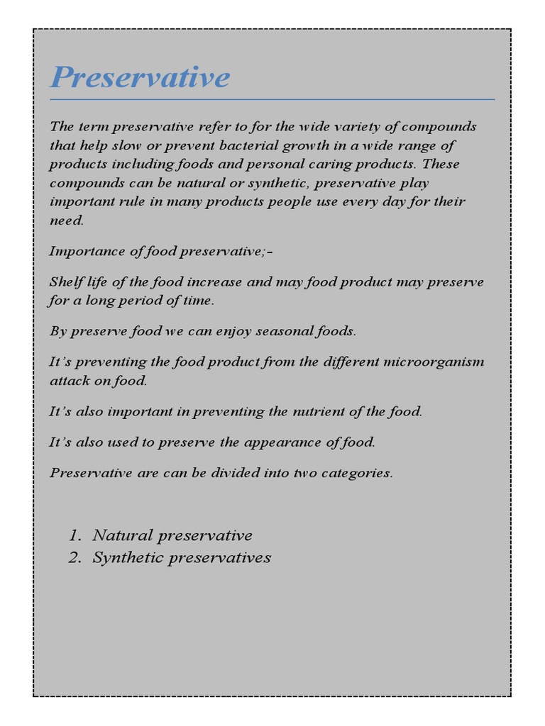 Preservative 1. Natural Preservative 2. Synthetic Preservatives PDF