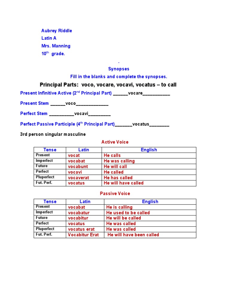 Principal Parts: Voco, Vocare, Vocavi, Vocatus - To Call | PDF | Perfect  (Grammar) | Latin