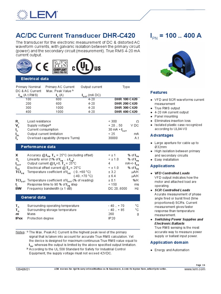 I 100 .. 400 A AC/DC Current Transducer DHRC420 Electrical Data PDF