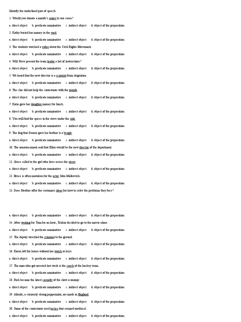 Parts of Speech Practice Test | PDF | Object (Grammar) | Predicate ...