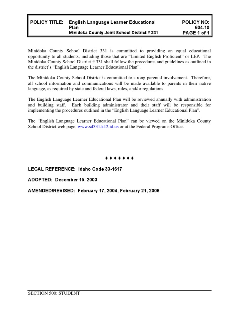 English Language Learner Plan - Minidoka | PDF | Wellness | Science ...