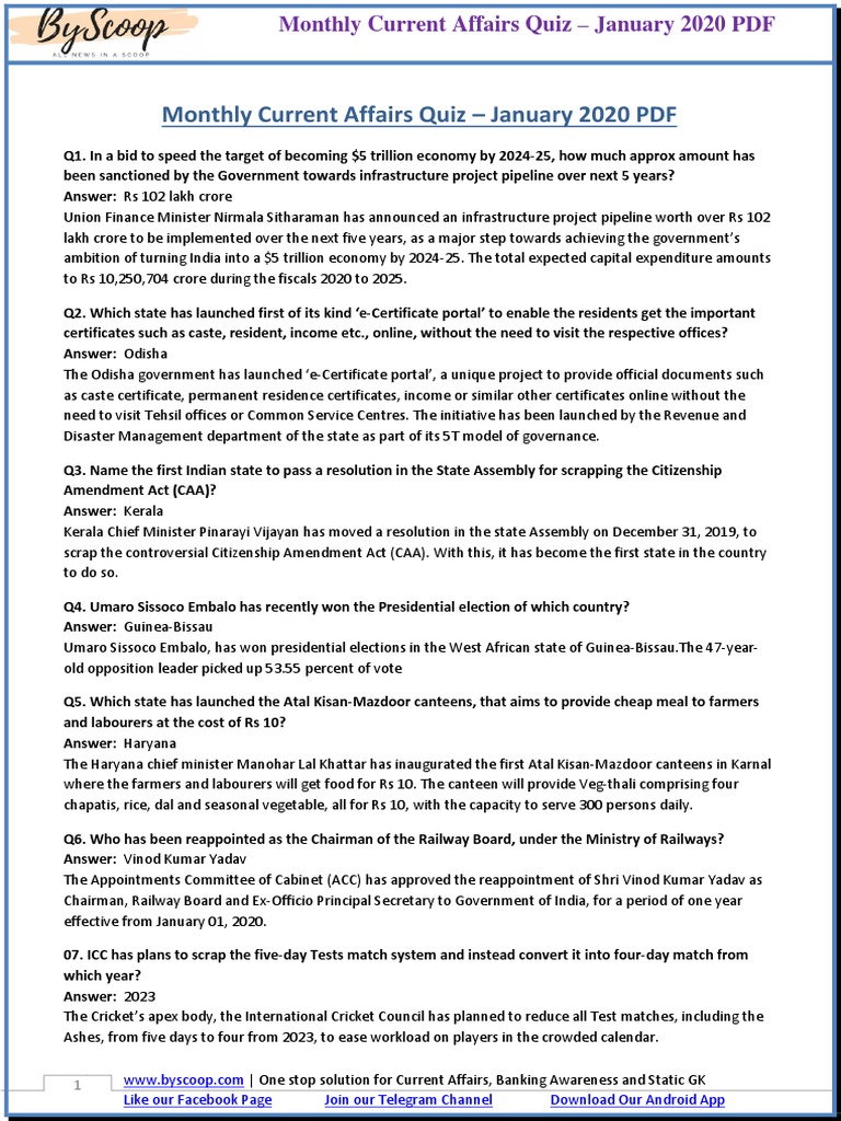 Current Affairs Questions and Answers January 2020-Merged | PDF ...