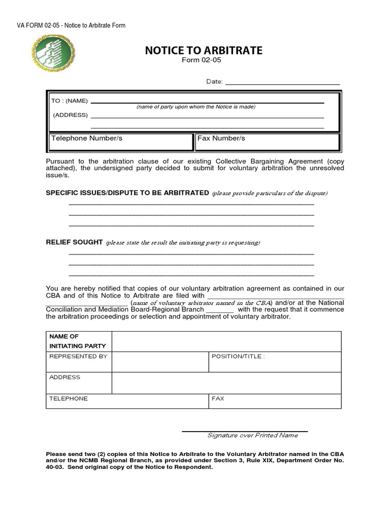 Va Form 02-05 Notice To Arbitrate | PDF | Arbitration | Civil Procedure