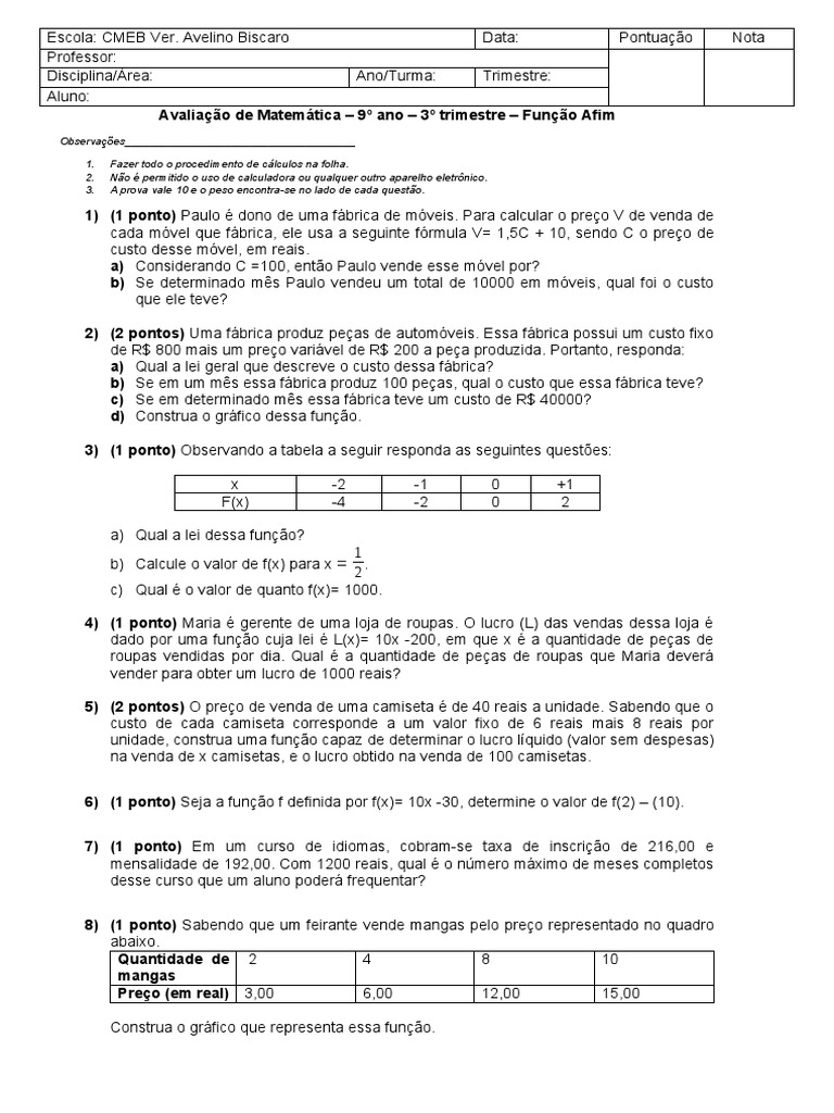 1 - Prova - 3 Trimestre - Funão Afim - 9 Ano | PDF | Número real ...