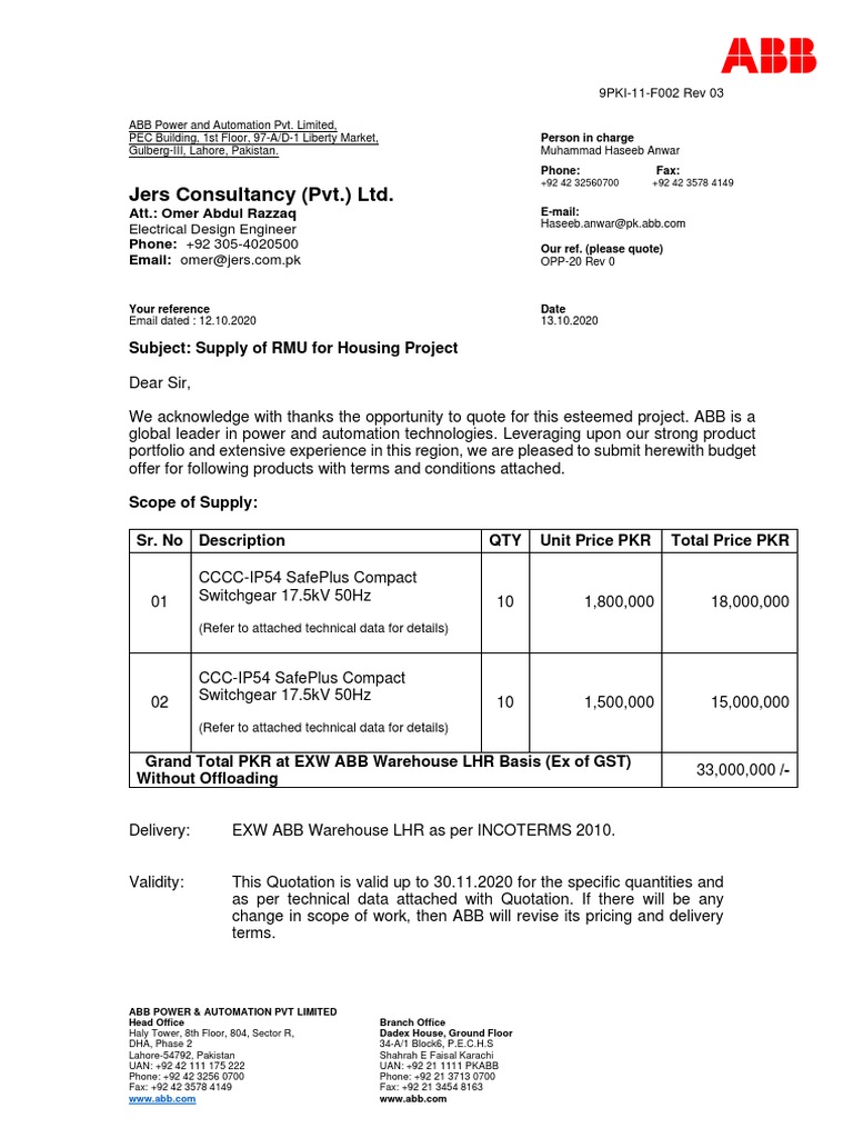 ABB Quotation for RMU Supply Project | PDF | Value Added Tax | Breach ...