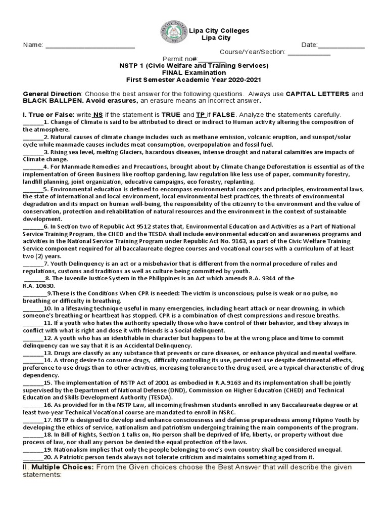 NSTP 1 Exam Coverage for Students | PDF | National Security | Climate ...