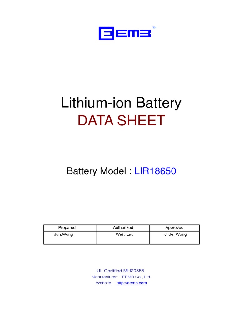 LIR18650 Lithium-ion Battery Datasheet | PDF | Rechargeable Battery ...