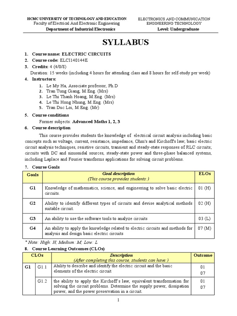 Syllabus: Course Name: ELECTRIC CIRCUITS Course Code: ELCI140144E ...