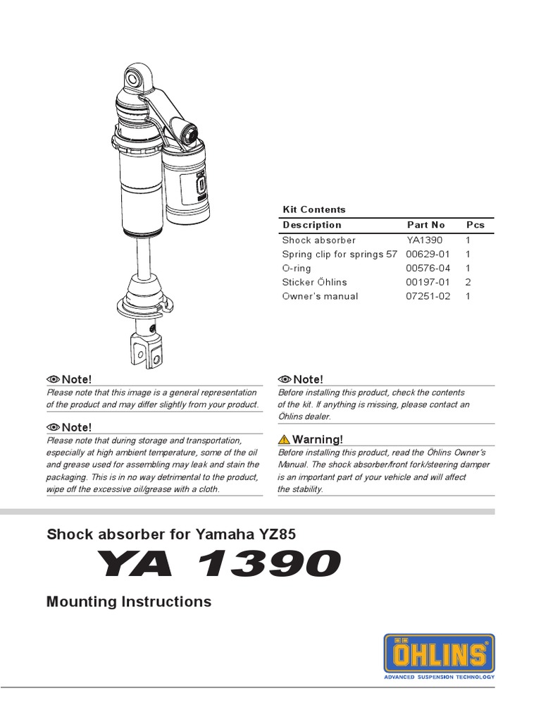 Shock Absorber For Yamaha YZ85: Note! Note! | PDF | Automotive