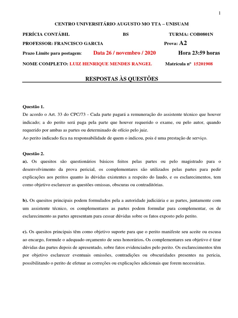 Prova de Perícia Contábil - Luiz Henrique Mendes | PDF | Prova ...