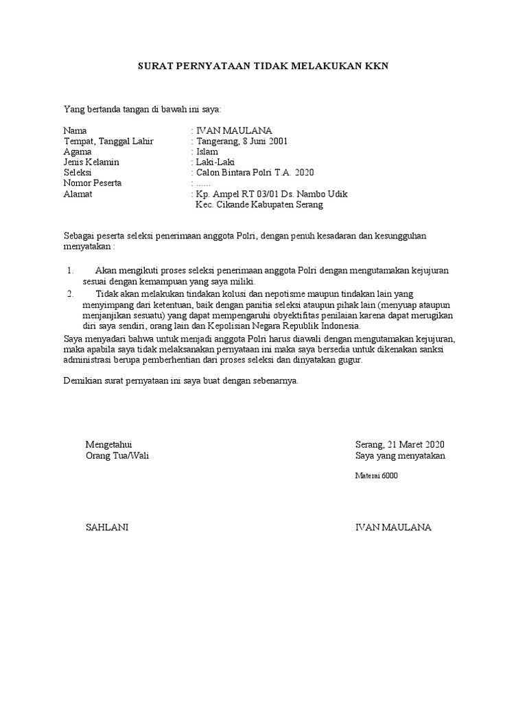 Surat Pernyataan Tidak Melakukan KKN  PDF