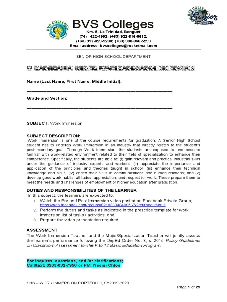 Senior High School Work Immersion Guide | PDF | Employment | Human Nature