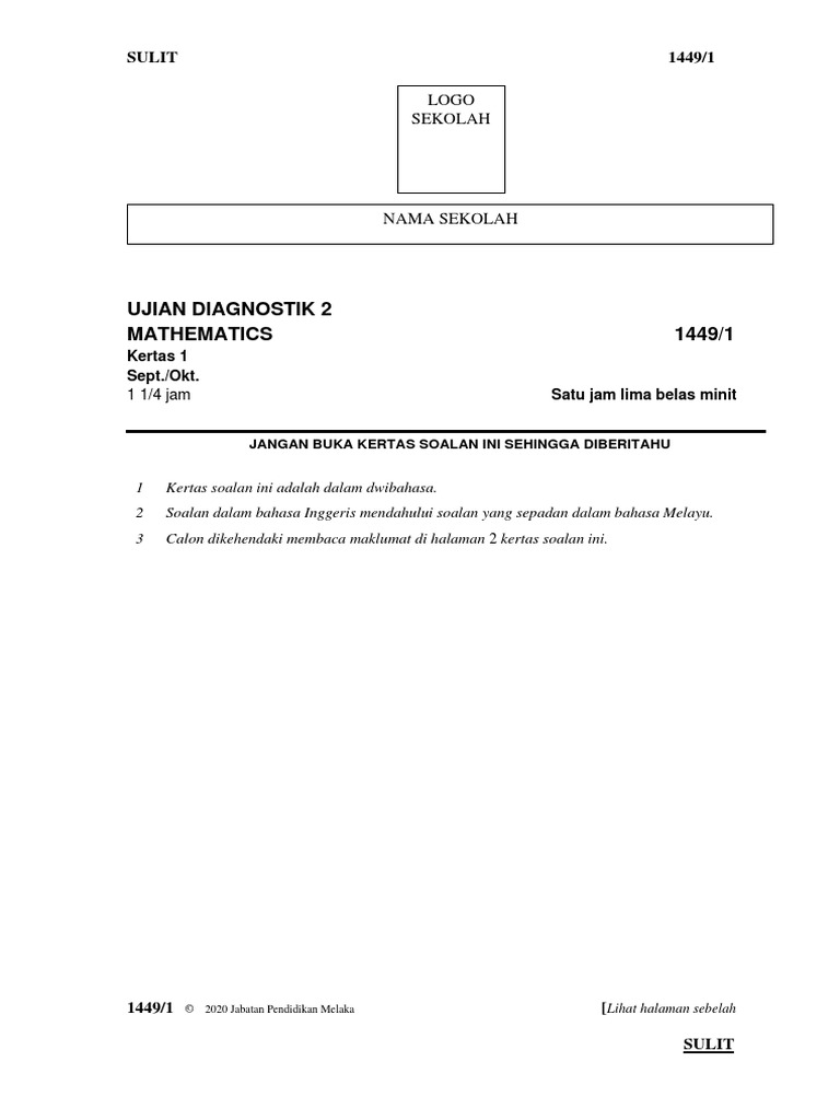 2020 Melaka Matematik K1 Pdf