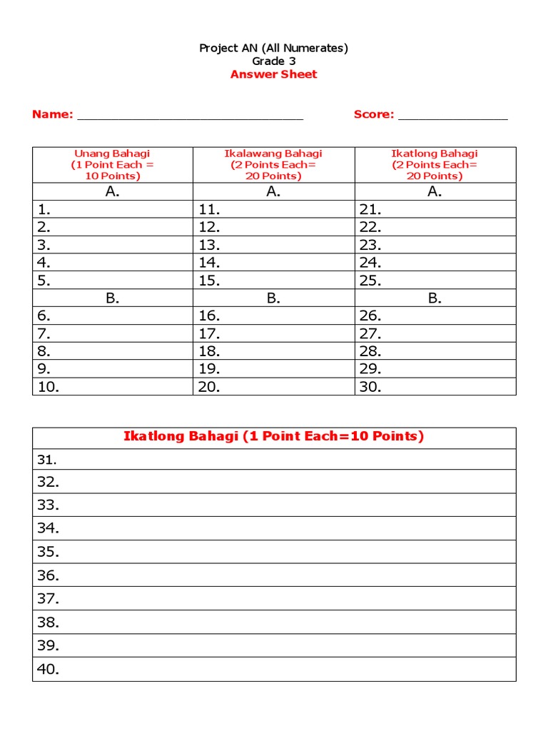 Grade 3 Project AN Answer Sheet | PDF