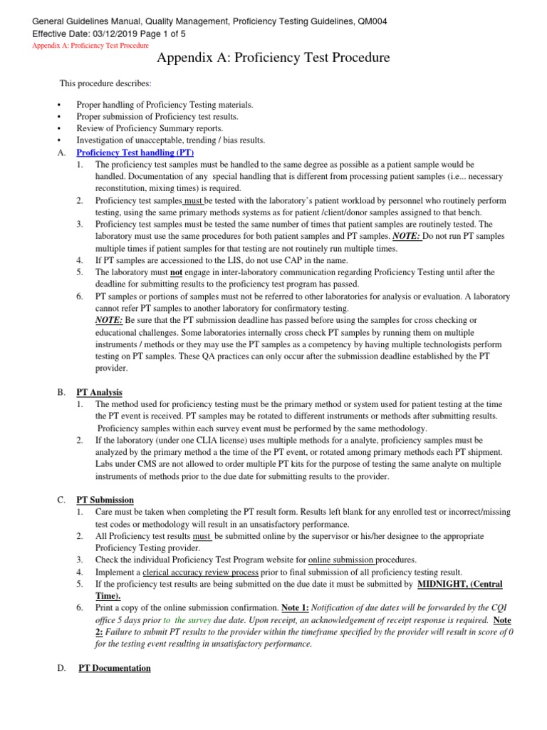 Guidelines for the Proper Handling, Testing, and Evaluation of Proficiency Testing Samples to
