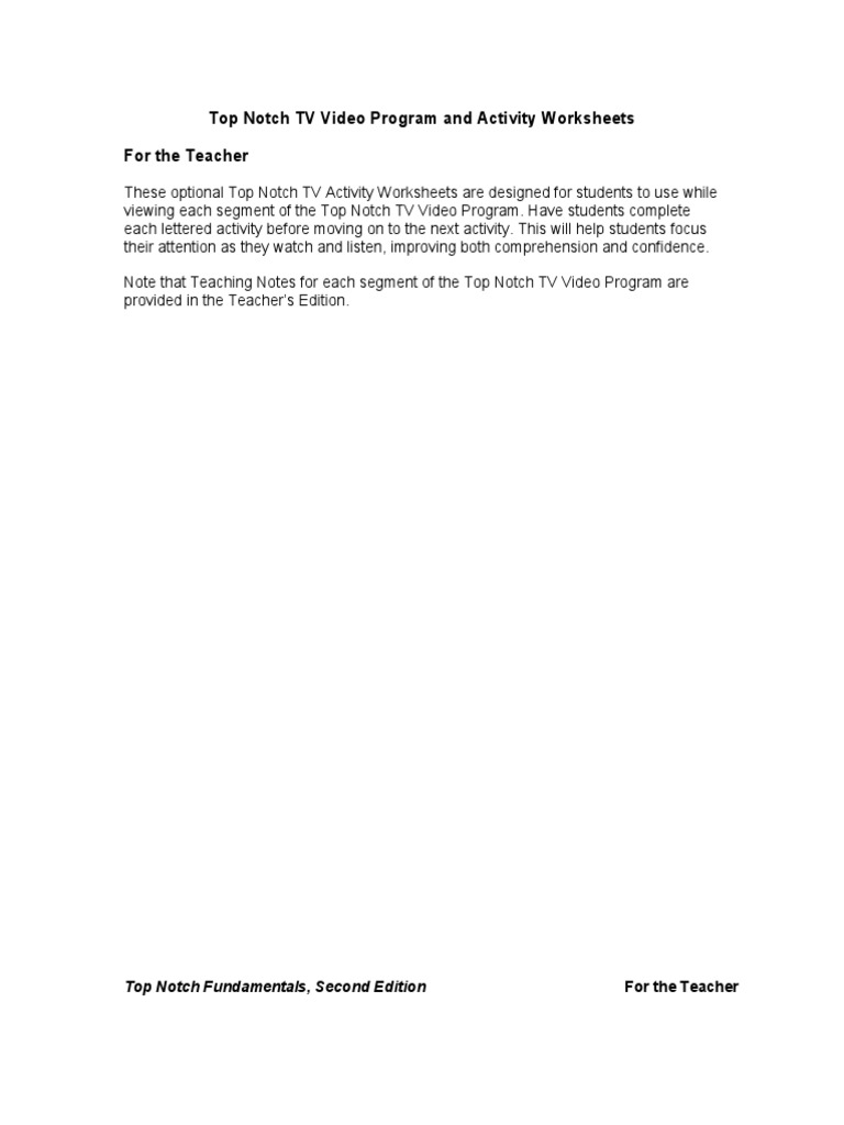 Top Notch TV Video Program and Activity Worksheets For The Teacher PDF