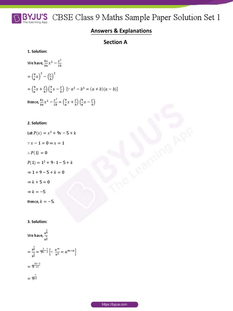 CBSE Sample Paper Solution Class 9 Maths Set 1 | PDF | Area | Triangle
