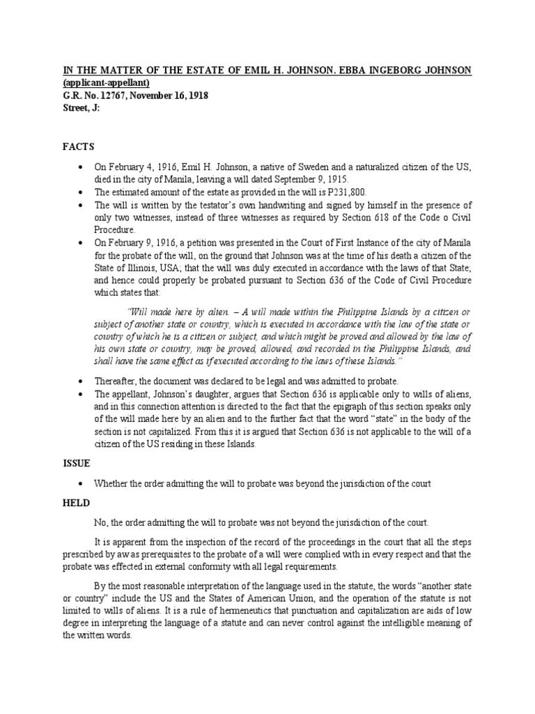 In The Matter of The Estate of Emil H. Johnson. Ebba Johnson