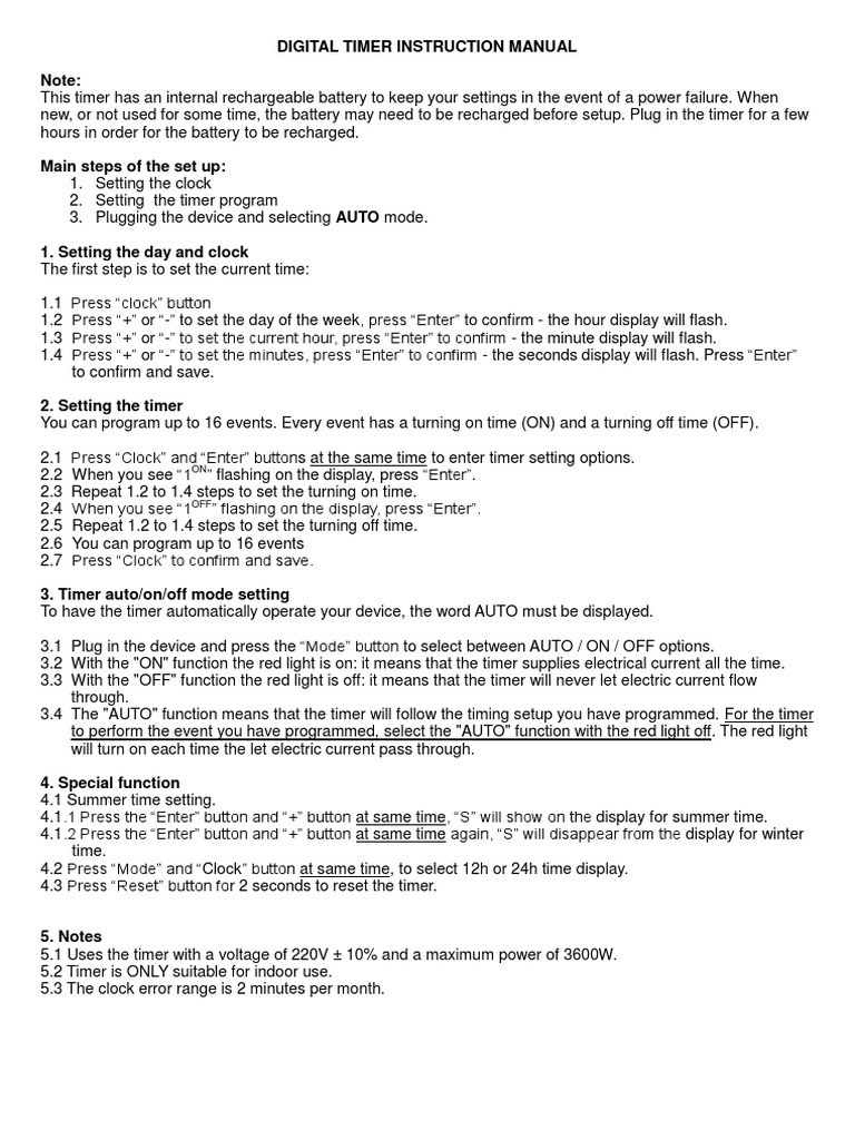 Digital Timer Instruction Manual | PDF | Timer | Clock