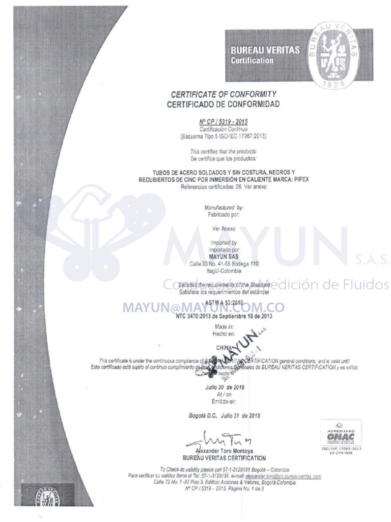 Certificado NTC 3470 ASTM A53 PIPEX | PDF