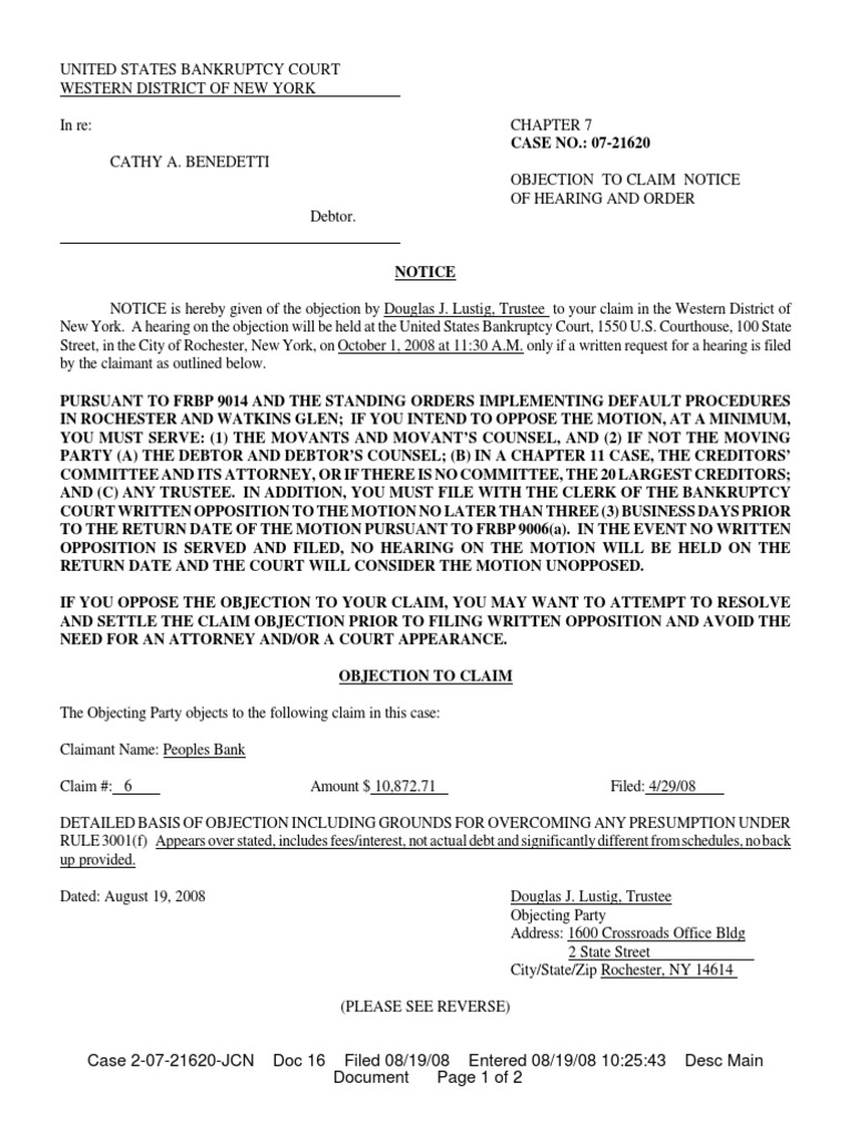 claim objection – rejection objection requirement – UWROM