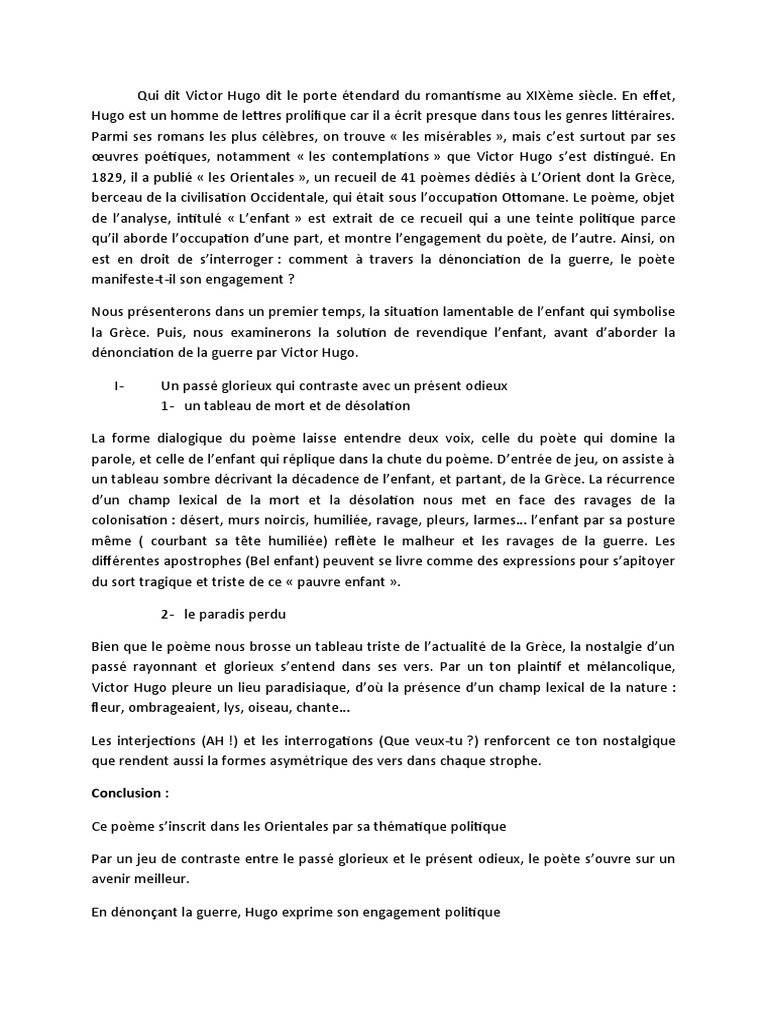 Exemple De Commentaire Composé Corrigé Victor Hugo Pdf Commentaire Composé L'Enfant, V. Hugo | PDF | Victor Hugo | Poésie