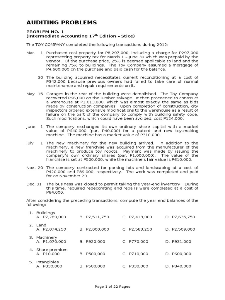 Auditing Problems in Intermediate Accounting | PDF | Equity (Finance ...