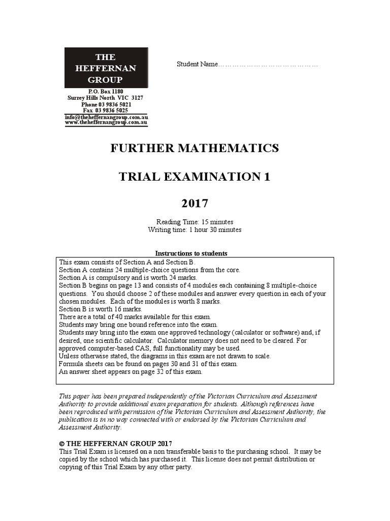 2017 Further Maths Exam 1 | PDF | Interest | Least Squares