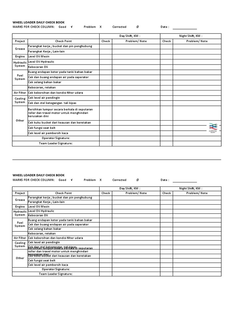 Buku Cek Harian Alat Berat P2H | PDF