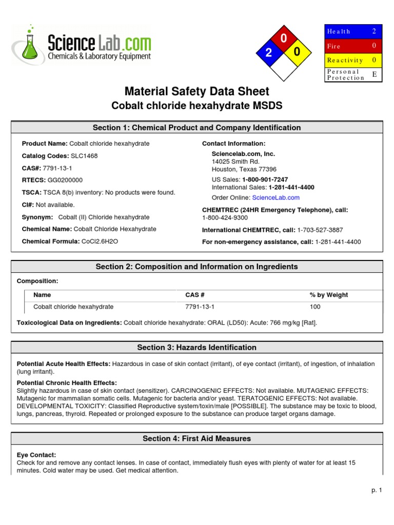 Msds Cobalt (II) Cloride Hexahydrat Toxicity Personal Protective