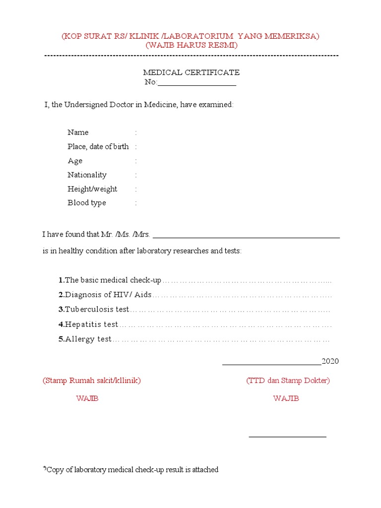 Medical Certificates Detailing Comprehensive Health Examinations and