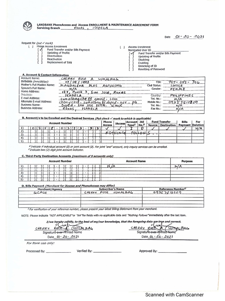 LANDBANK PhoneAccess and Iacess Enrollment Form | PDF