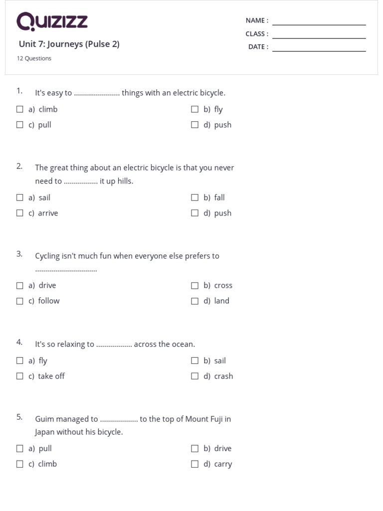 Unit 7 - Journeys (Pulse 2) - Print - Quizizz | PDF | Hobbies ...