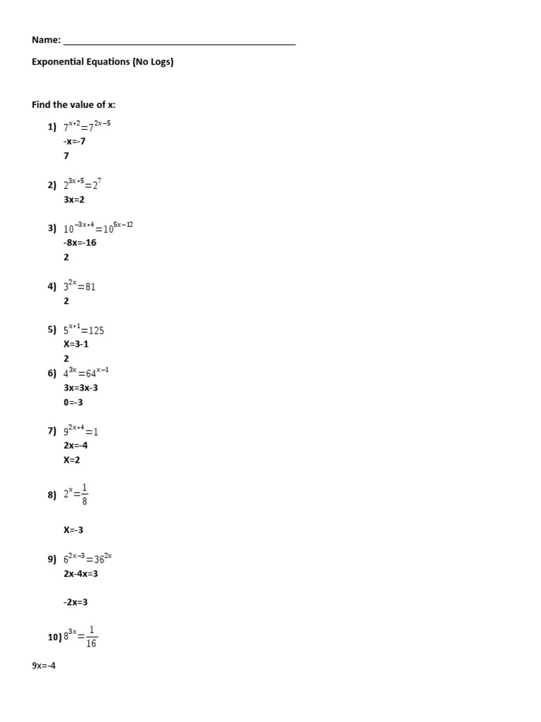 Exponential Equations Worksheet Answers | PDF | Teaching Methods ...