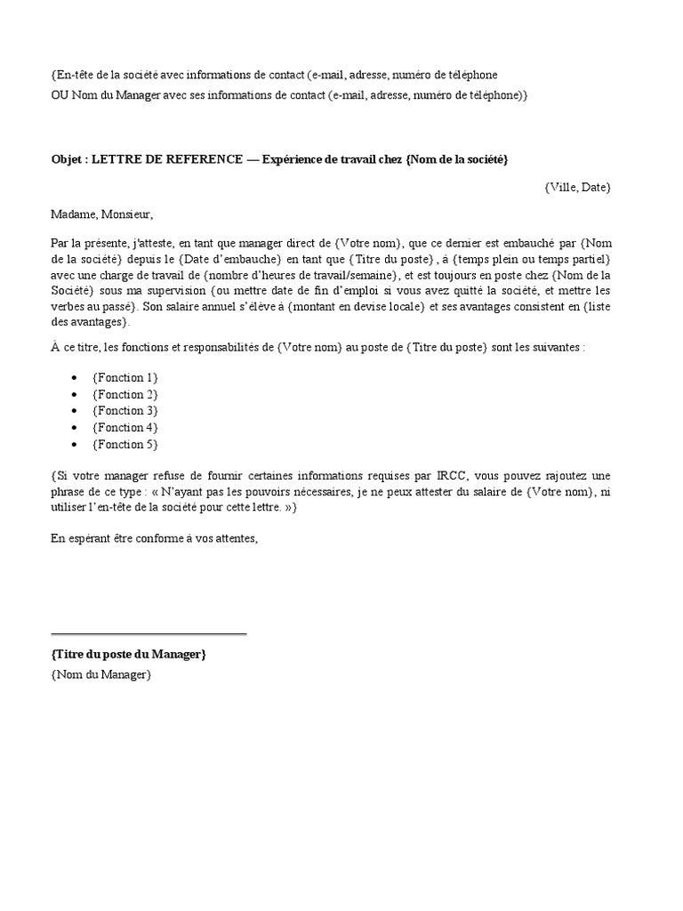 Modèle de lettre de référence professionnelle | PDF