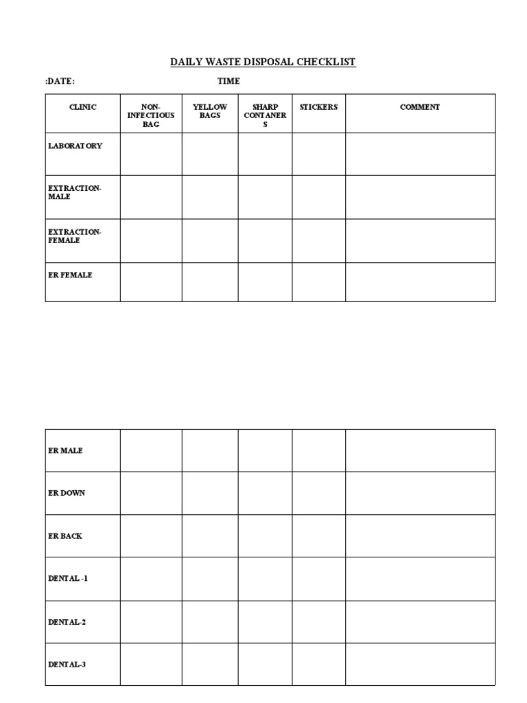 Daily Waste Disposal Checklist: Date: Time | PDF | Wellness | Science ...