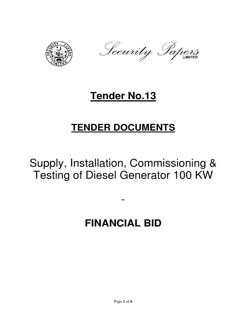 Diesel Generator Tender Document | PDF | Letter Of Credit | Taxes
