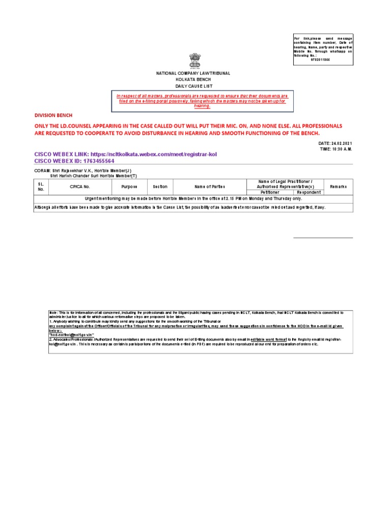 NCLT KOL Cause List Dated 24.02.2021 PDF Judiciaries Separation