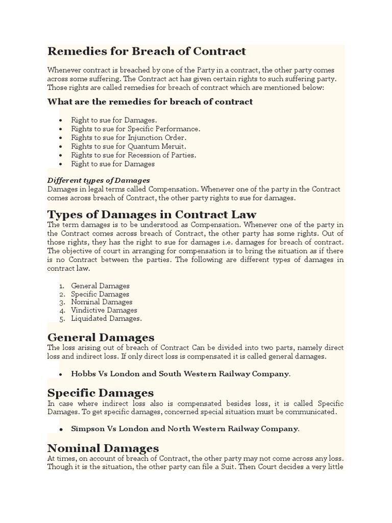 Types of Damages for Breach of Contract | PDF | Damages | Breach Of ...