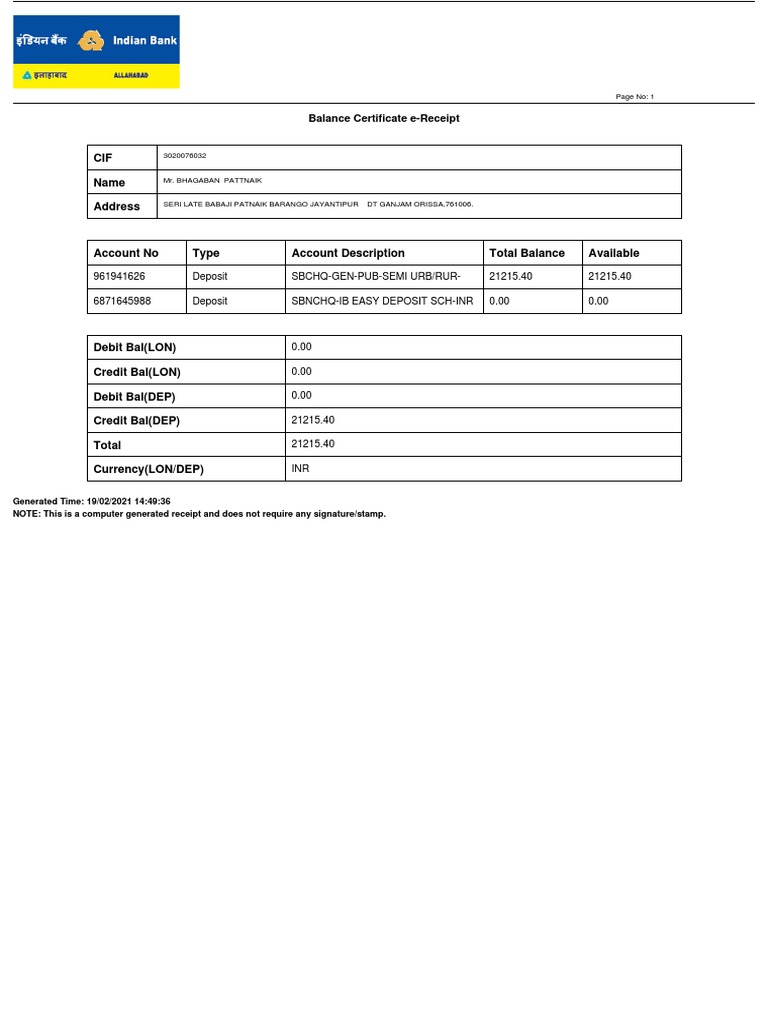 Balance Certificate - Feb19 - 144936 | PDF