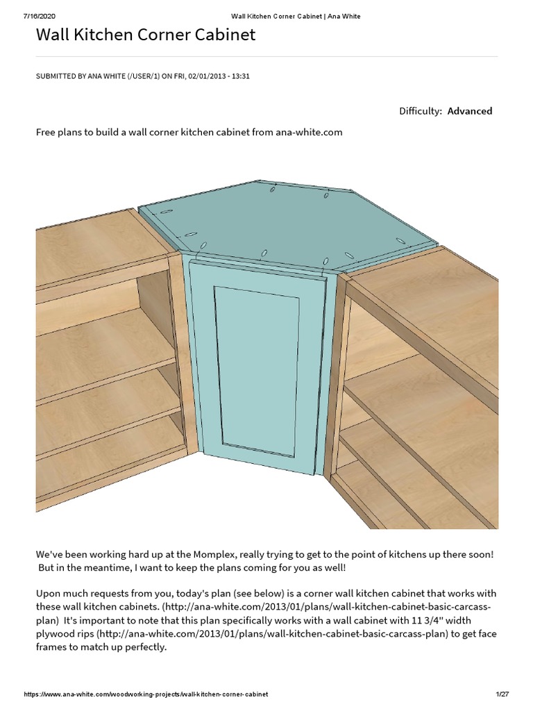 Wall Kitchen Corner Cabinet - Ana White | PDF | Cabinetry | Woodworking for Printable Free Cabinet Plans Pdf