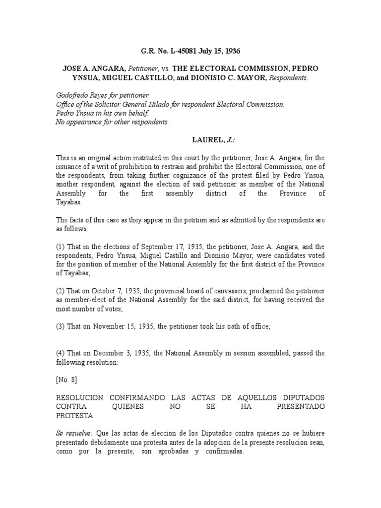 Angara vs. Electoral Commission Case | PDF | Constitution | Supreme Courts