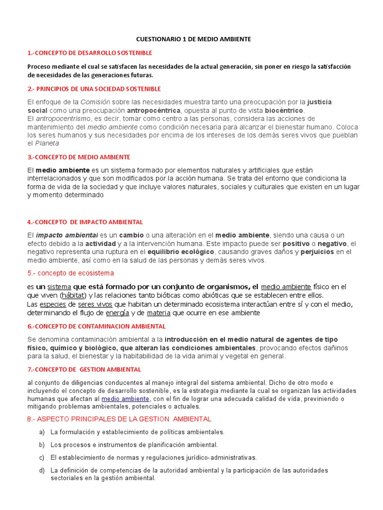 Cuestionario sobre Gestión Ambiental y Sostenibilidad | PDF | Entorno ...