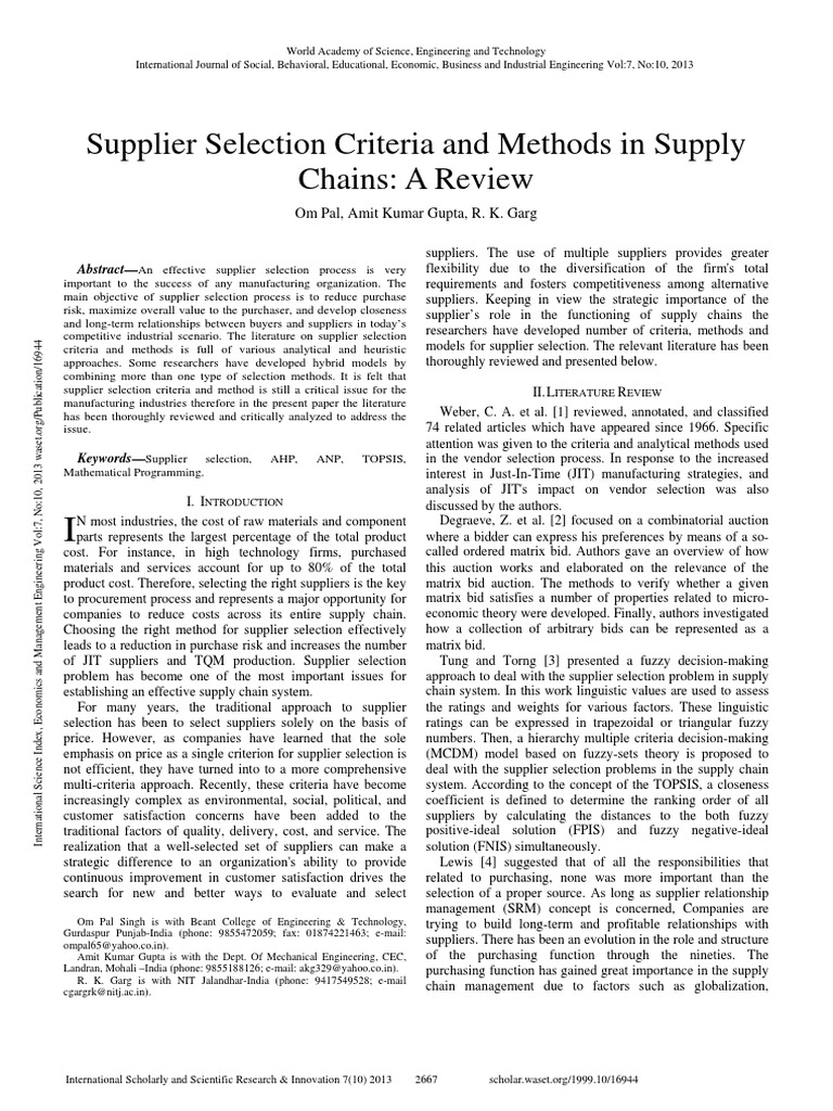 59 - Supplier Selection Criteria and Methods For Supply Chain | PDF ...