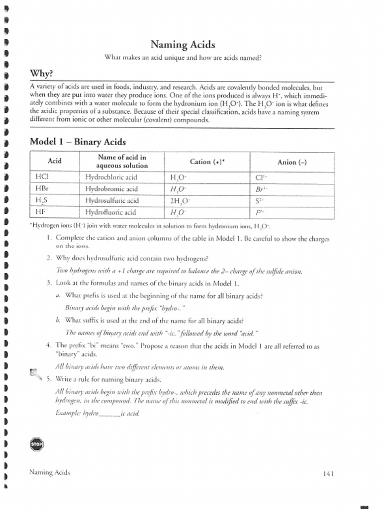 Naming Acids Pogil Key PDF
